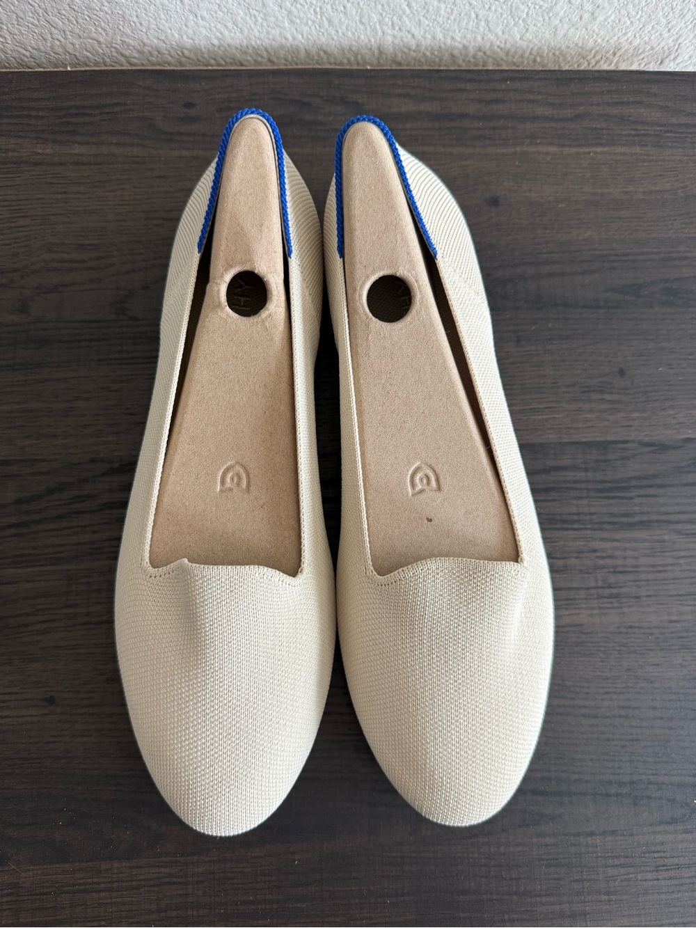 Rothy's Cream Knit Flats with Blue Heel Trim